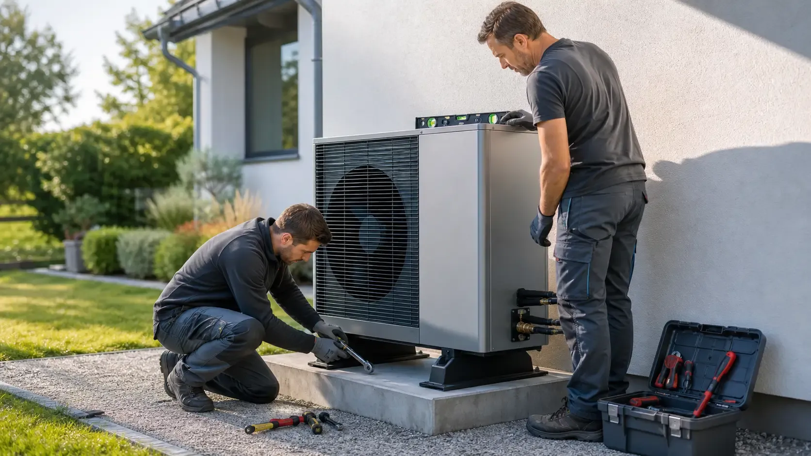 Monteure von Gauß Haustechnik installieren eine Wärmepumpe an einem Wohnhaus (KI-generiertes Bild)
